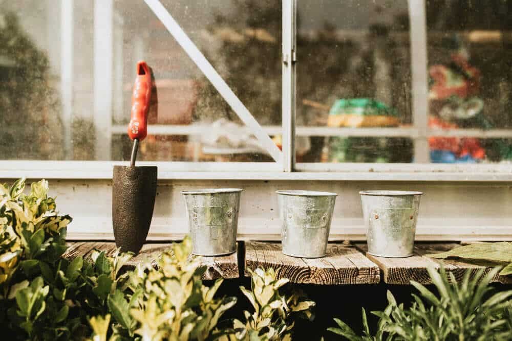 plant-pots-with-trowel-wooden-table